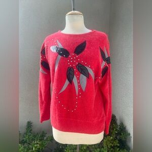 Vintage preppy pullover red sweater Faux leather beads accents Sz M/L Karamiz